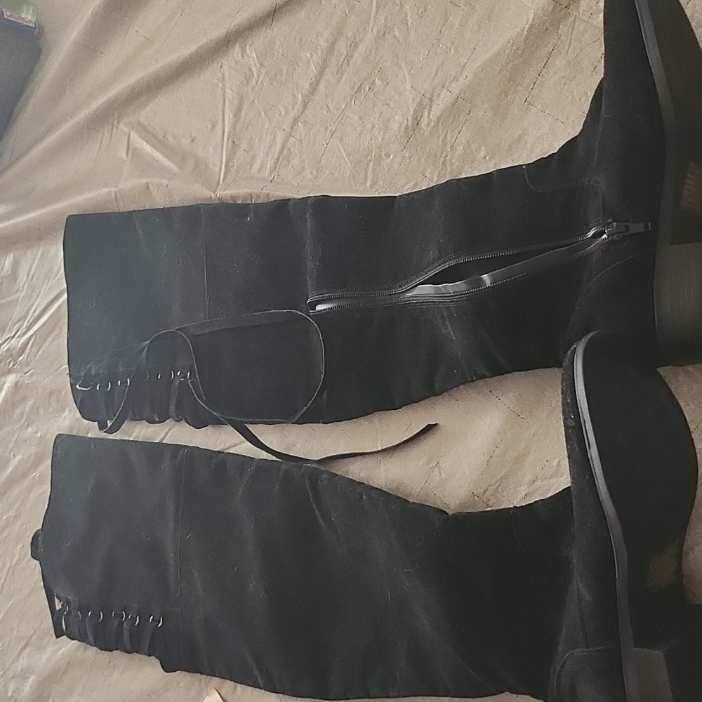 Thigh high black velvet lace up boots
